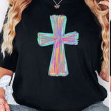 a woman wearing a black t - shirt with a colorful cross on it