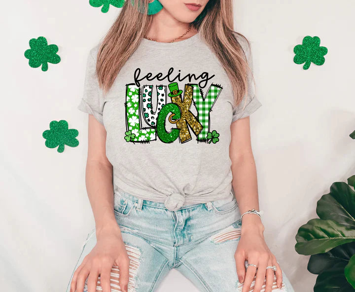 a woman wearing a st patrick's day t - shirt