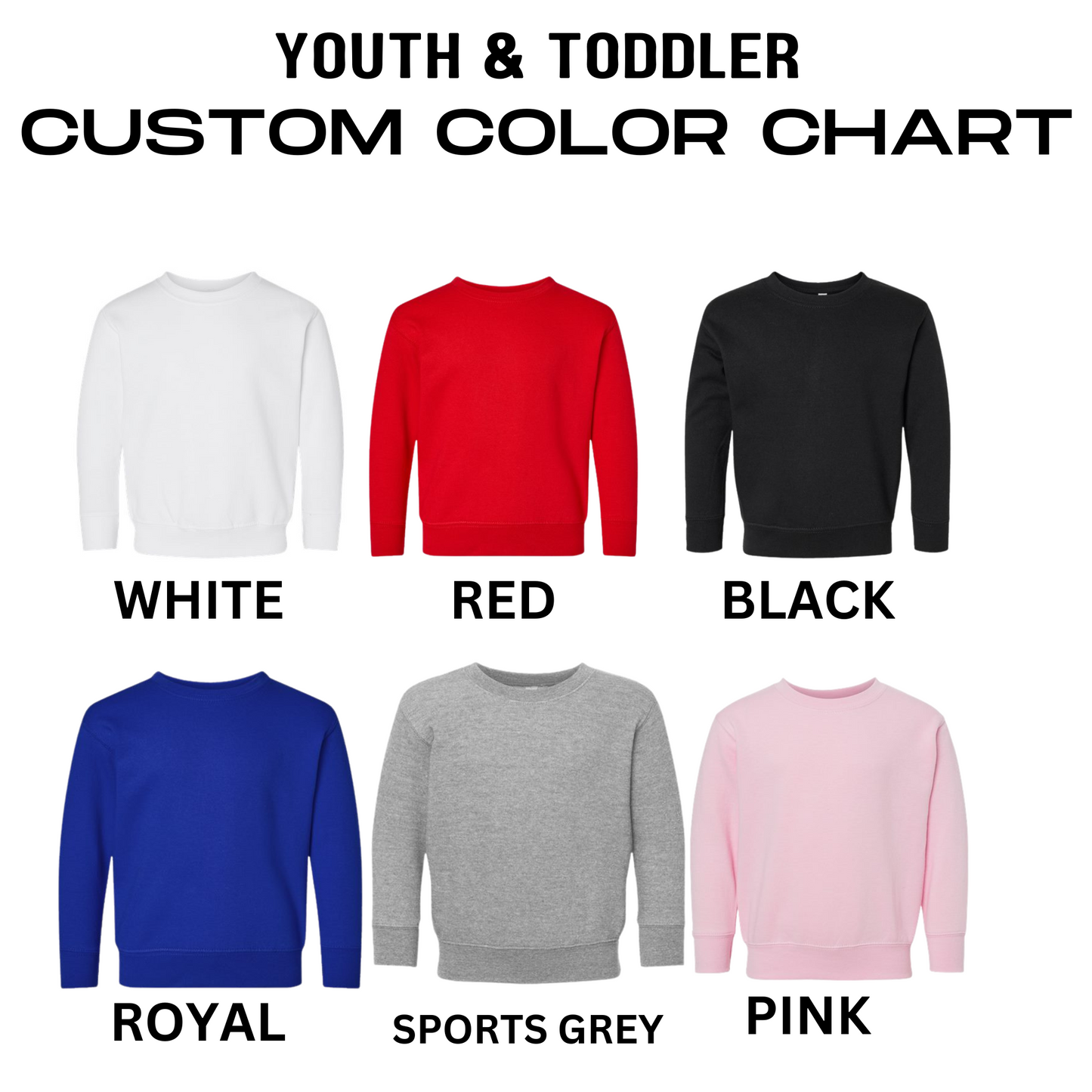 a group of sweaters with the words youth and todder color chart