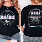 a woman wearing a black t - shirt with a tour schedule on it