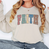 a woman wearing a sweatshirt that says faith