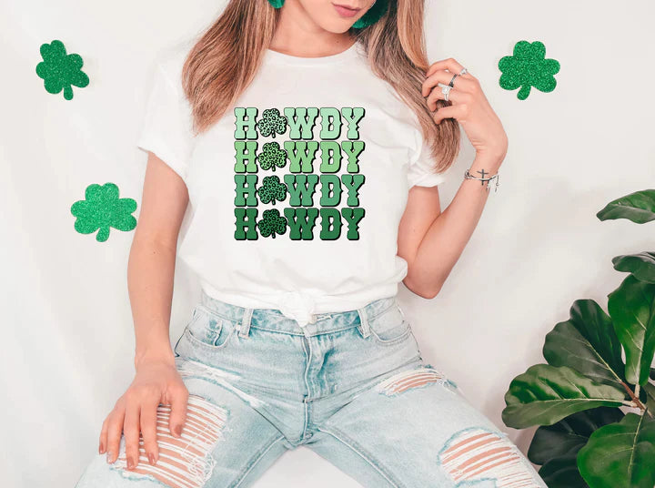 a woman wearing a st patrick's day t - shirt