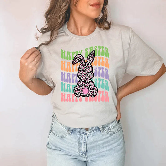 a woman wearing a t - shirt with a bunny on it