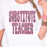 a woman wearing a white t - shirt with the words substance teacher printed on it