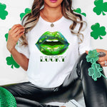 a woman wearing a lucky shirt with a green kiss on her lips