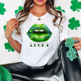 a woman wearing a lucky shirt with a green kiss on her lips
