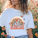 a woman standing in a field of flowers
