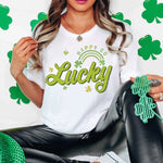 a woman in a st patrick's day t - shirt and leggings
