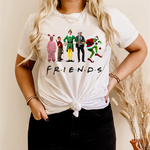 a woman wearing a t - shirt with the words friends on it