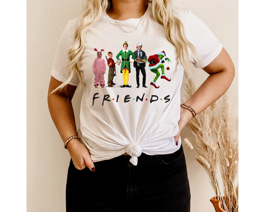 a woman wearing a t - shirt with the words friends on it