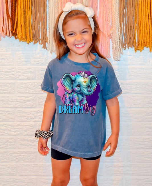 Dream Big Elephant Blue Jean Comfort Colors Kids T-Shirt