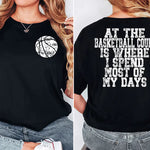 a woman wearing a black t - shirt that says at the basketball court is where