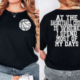 a woman wearing a black t - shirt that says at the basketball court is where