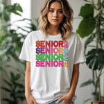 a woman wearing a white shirt that says senior seniors