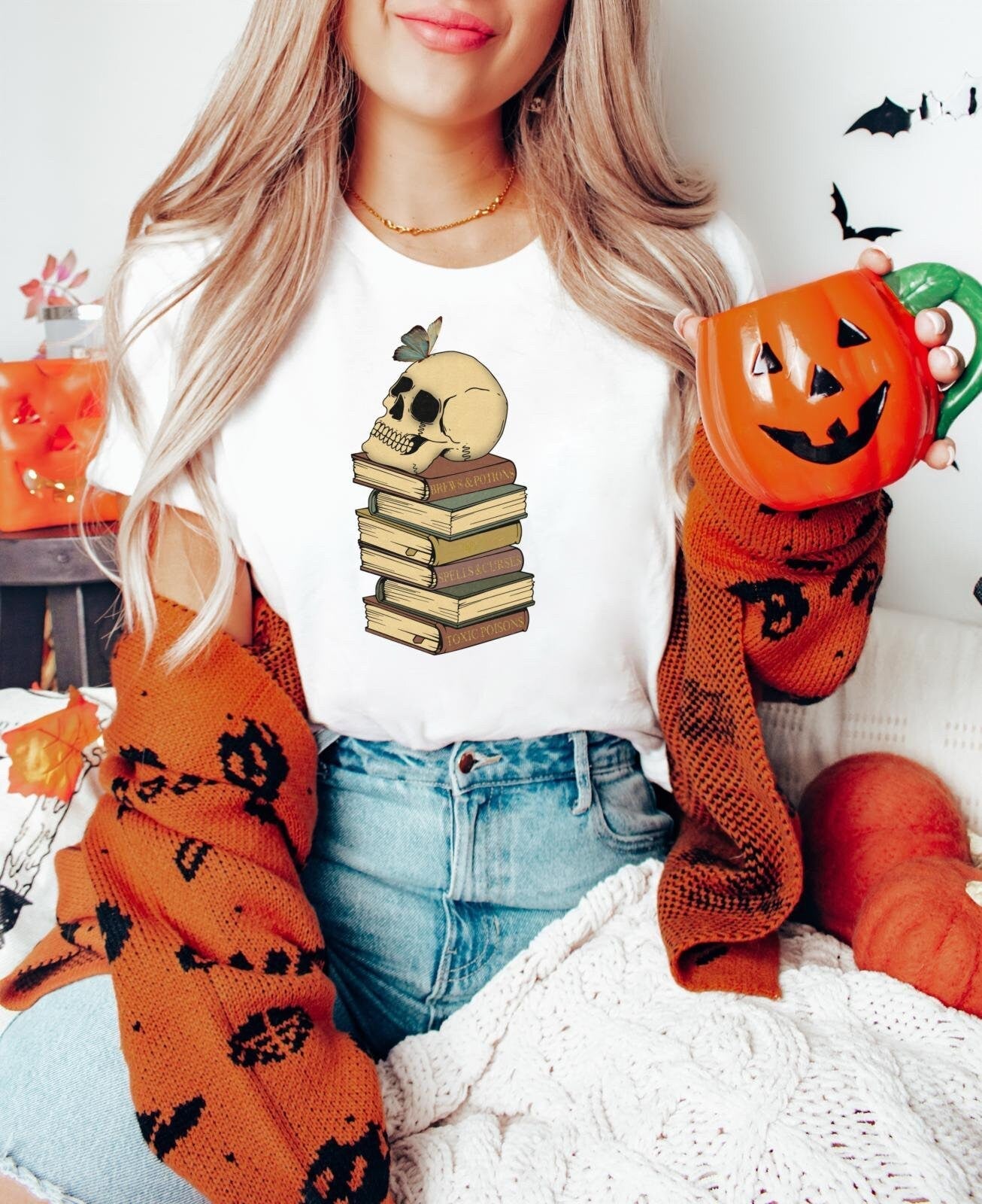 Halloween Skull Book Stack Comfort Colors T-shirt