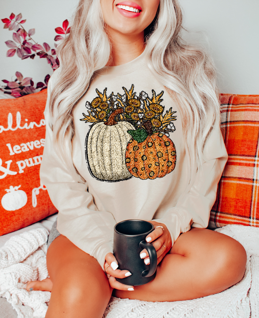 Sequin Effect Pumpkin  Flowers  Sweatshirt or T-shirt