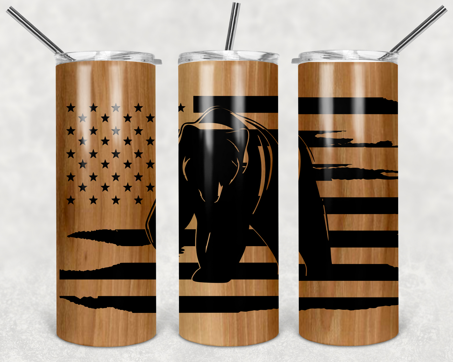 Wooden Panel Grizzly Bear American Flag Tumbler